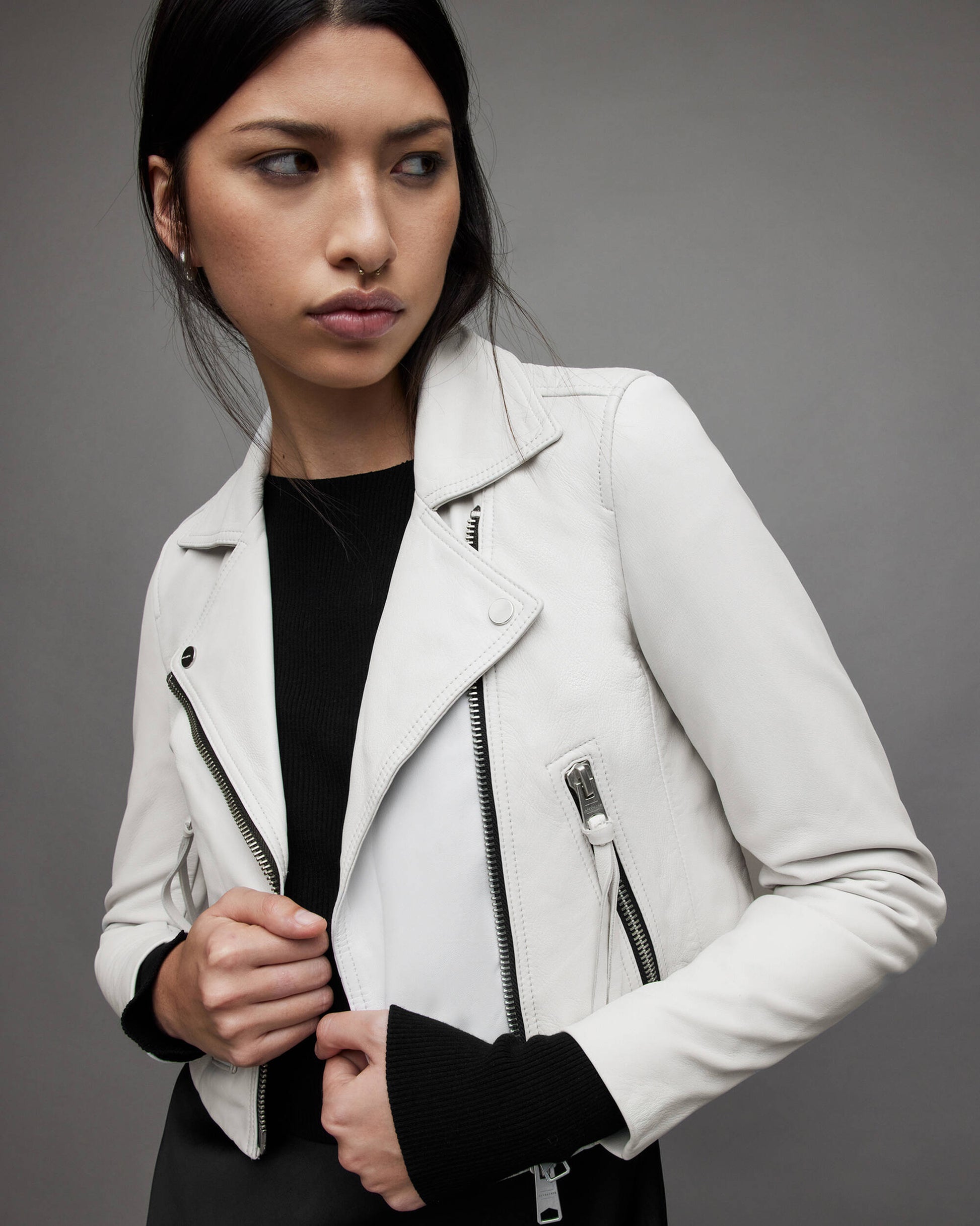 Women's White Cropped Leather Biker Jacket