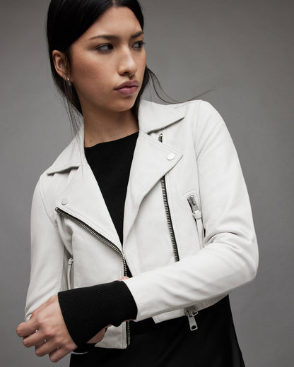 Women's White Cropped Leather Biker Jacket