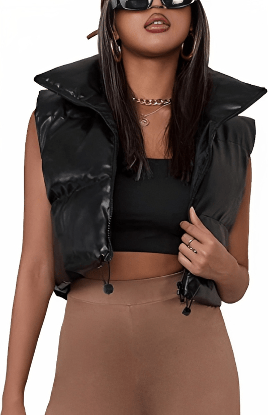 Women's Black Cropped Puffer Leather Vest