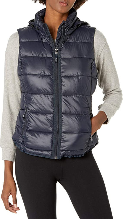 Women's Blue Puffer Vest with Removable Hood 