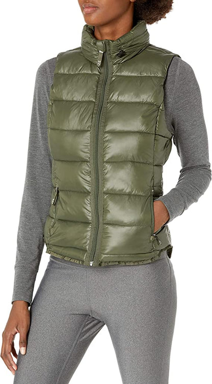 Women's Khaki Puffer Vest with Removable Hood 