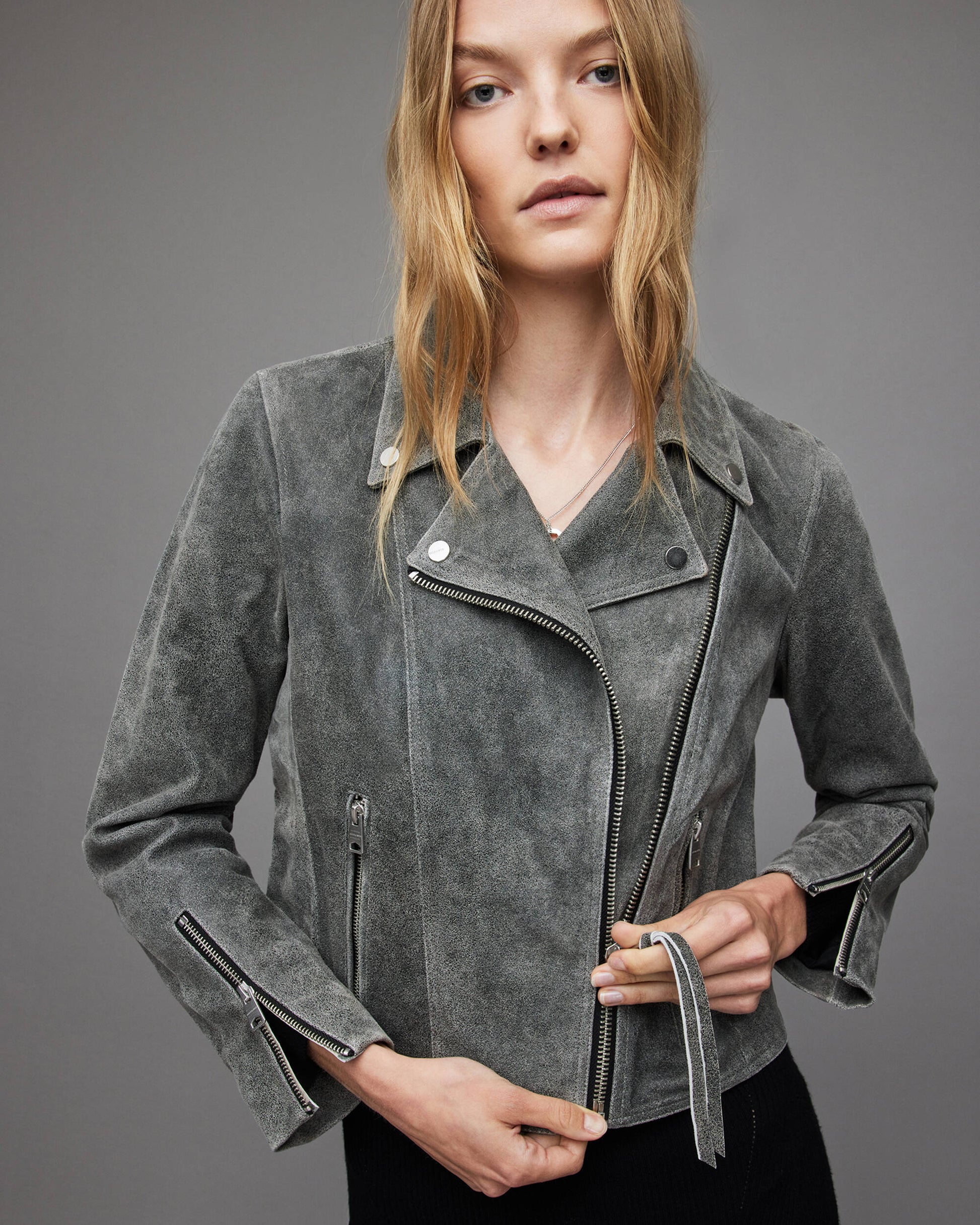 Women's Gray Suede Leather Biker Jacket