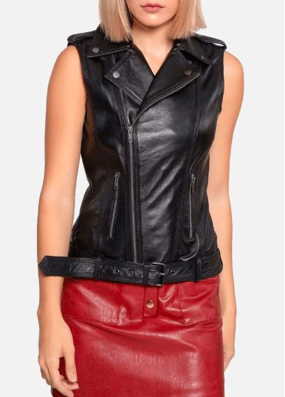 Women's Black Leather Biker Vest with Belt