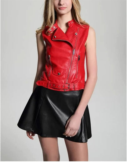 Women's Red Leather Biker Vest