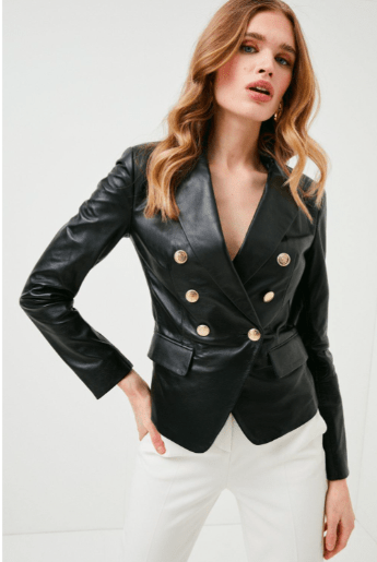 Women's Black Leather Blazer with Golden Buttons