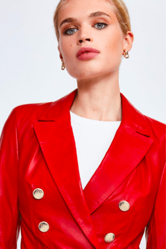 Women's Red Leather Blazer with Golden Buttons