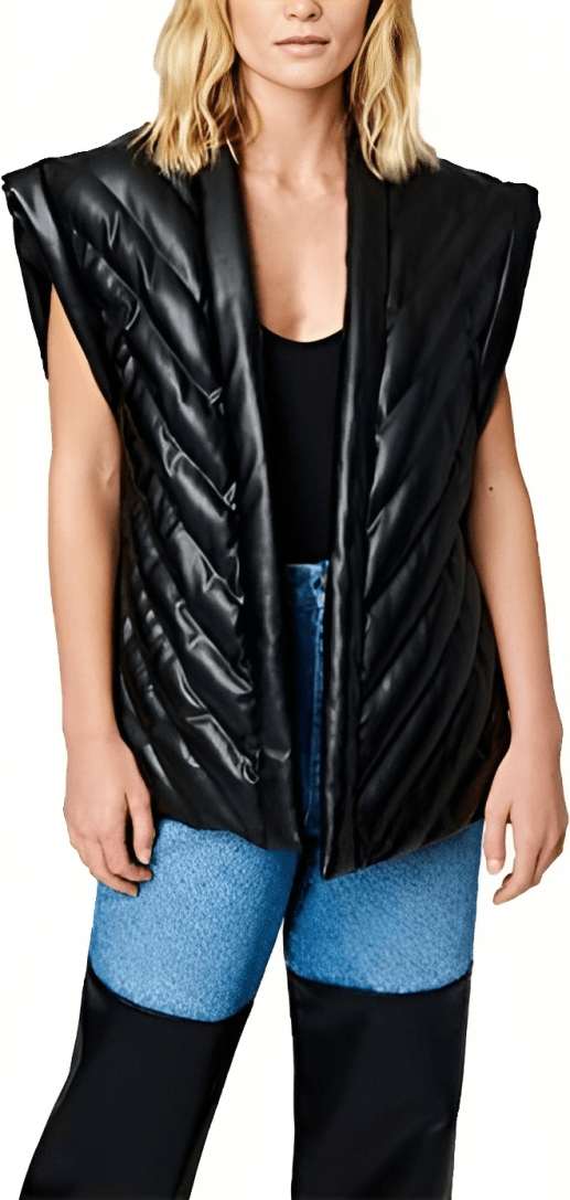 Women's Black Leather Puffer Vest with Belt