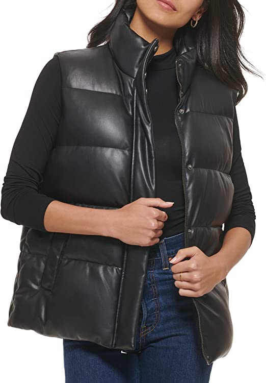 Women's Black Leather Puffer Vest