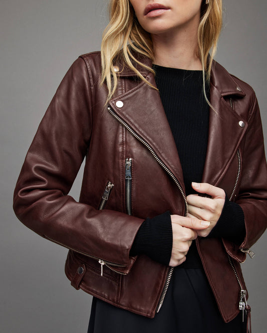 Women's Maroon Leather Biker Jacket – Classic & Stylish