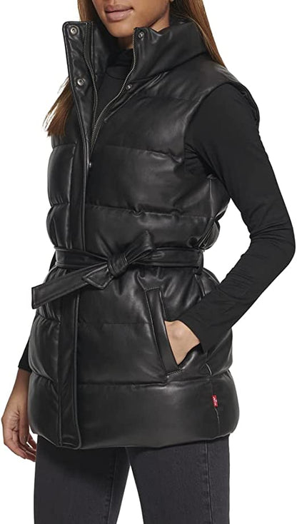 Women's Black Puffer Leather Vest with Belt