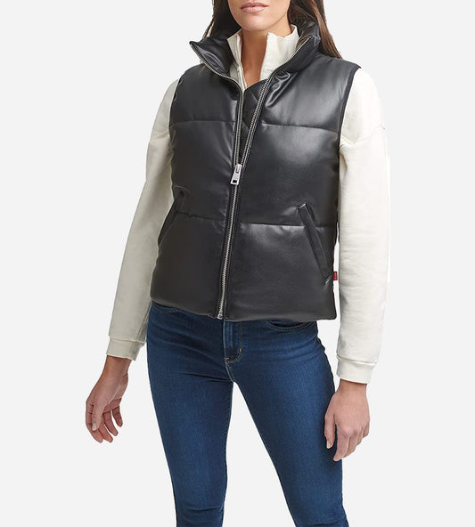 Women's Black Puffer Leather Vest