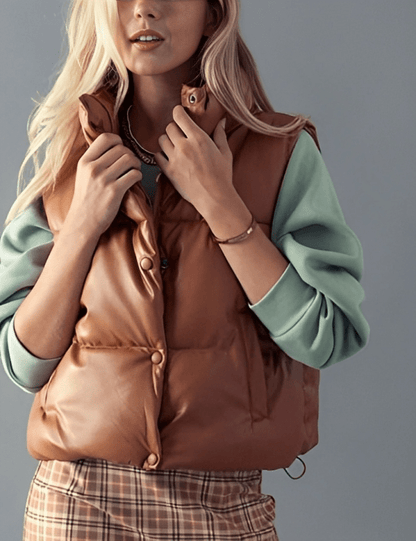 Women's Tan Brown Puffer Leather Vest 