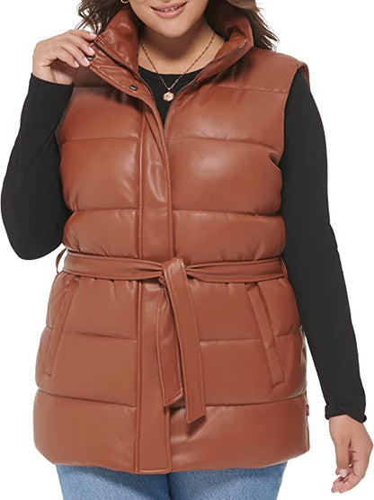 Women's Chocolate Brown Puffer Leather Vest with Belt