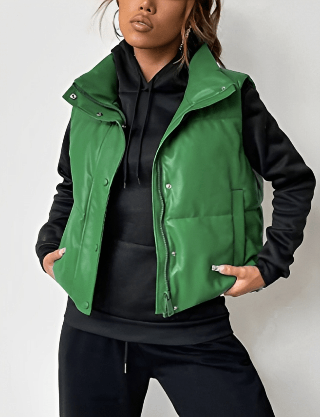 Women's Green Puffer Leather Vest