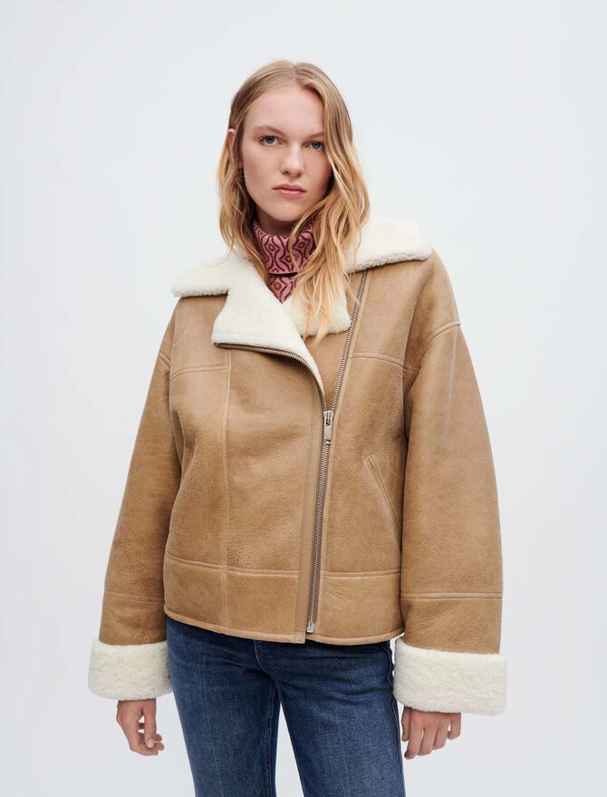 Women's Tan Brown Shearling Biker Leather Jacket