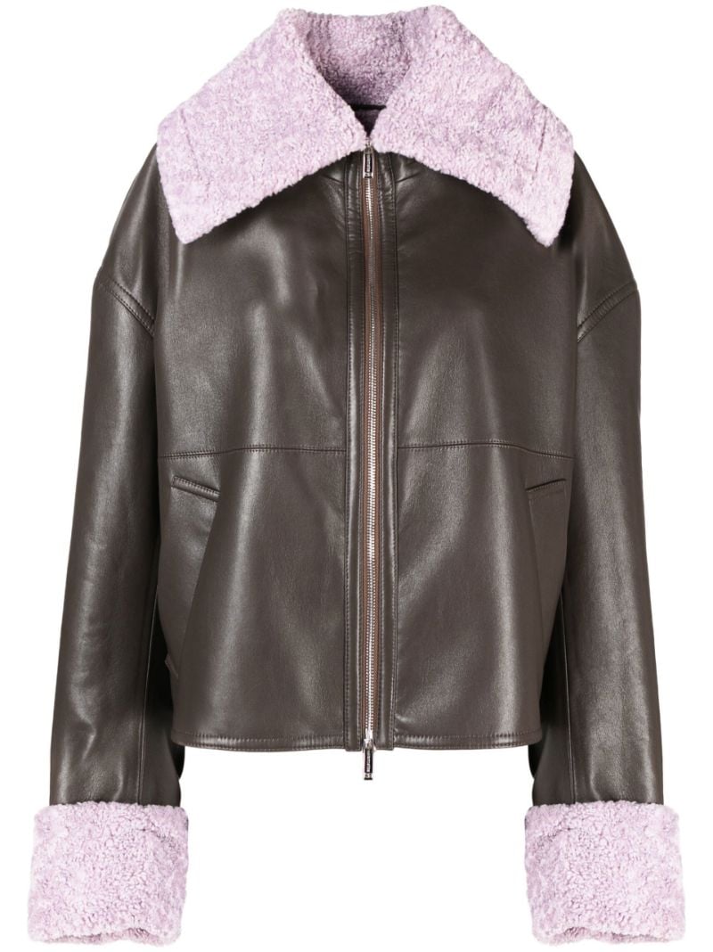 Women's Khaki Shearling Leather Jacket - Elegant and Cozy