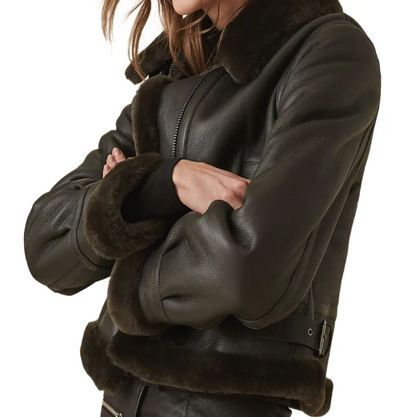 Women's Black Sheepskin Aviator Leather Jacket - Classic and Warm