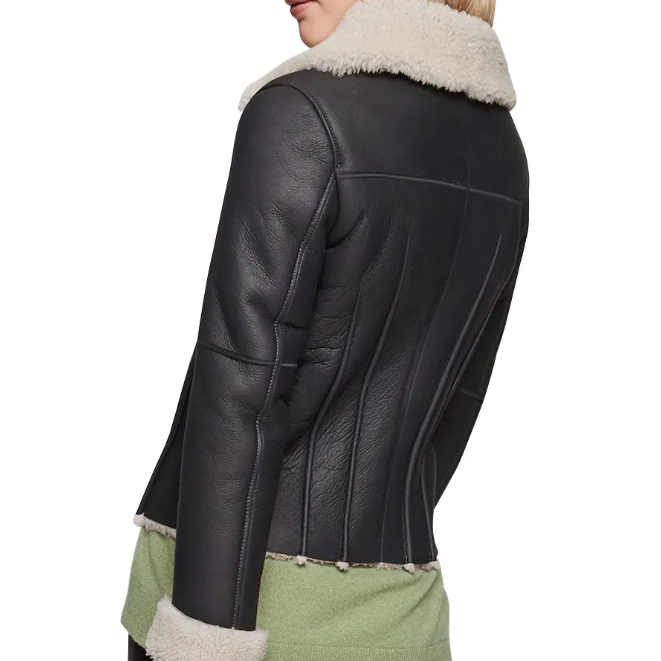 Women's Black Sheepskin Fur Leather Jacket - Luxurious and Warm