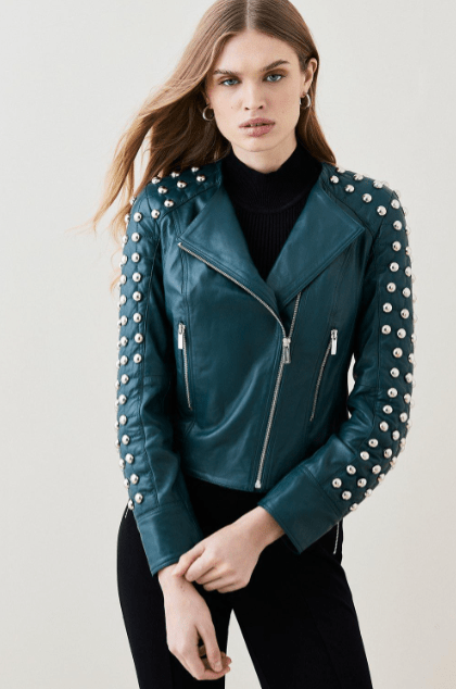 Women’s Quilted Studded Leather Jacket in Jade Green