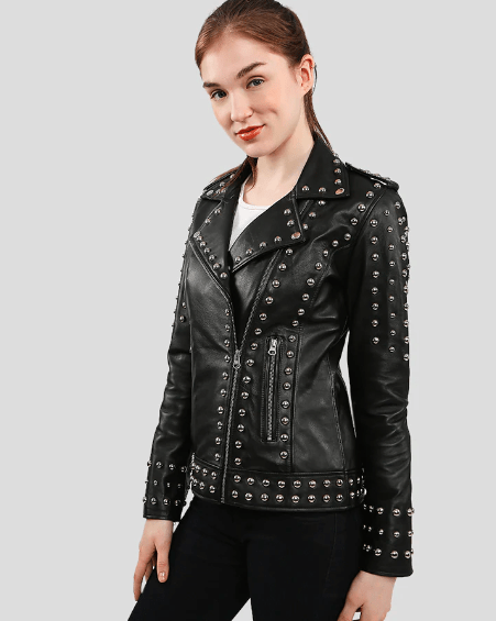 Women's Black Studded Leather Biker Jacket