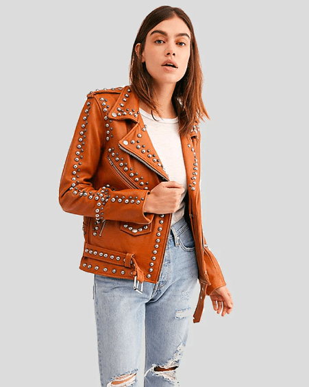 Women's Tan Brown Studded Leather Biker Jacket