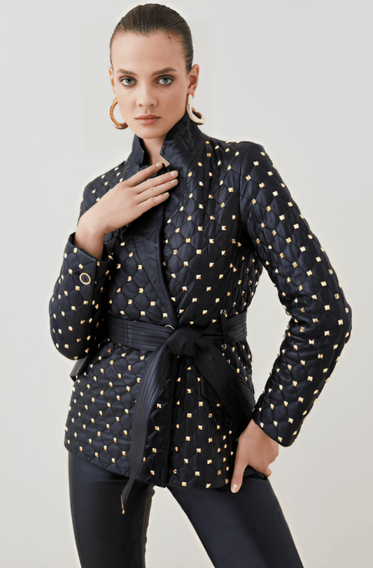 Women's Black Leather Blazer with Gold Studded Accents - Elegant and Edgy