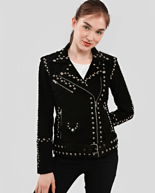 Women's Black Studded Suede Leather Biker Jacket