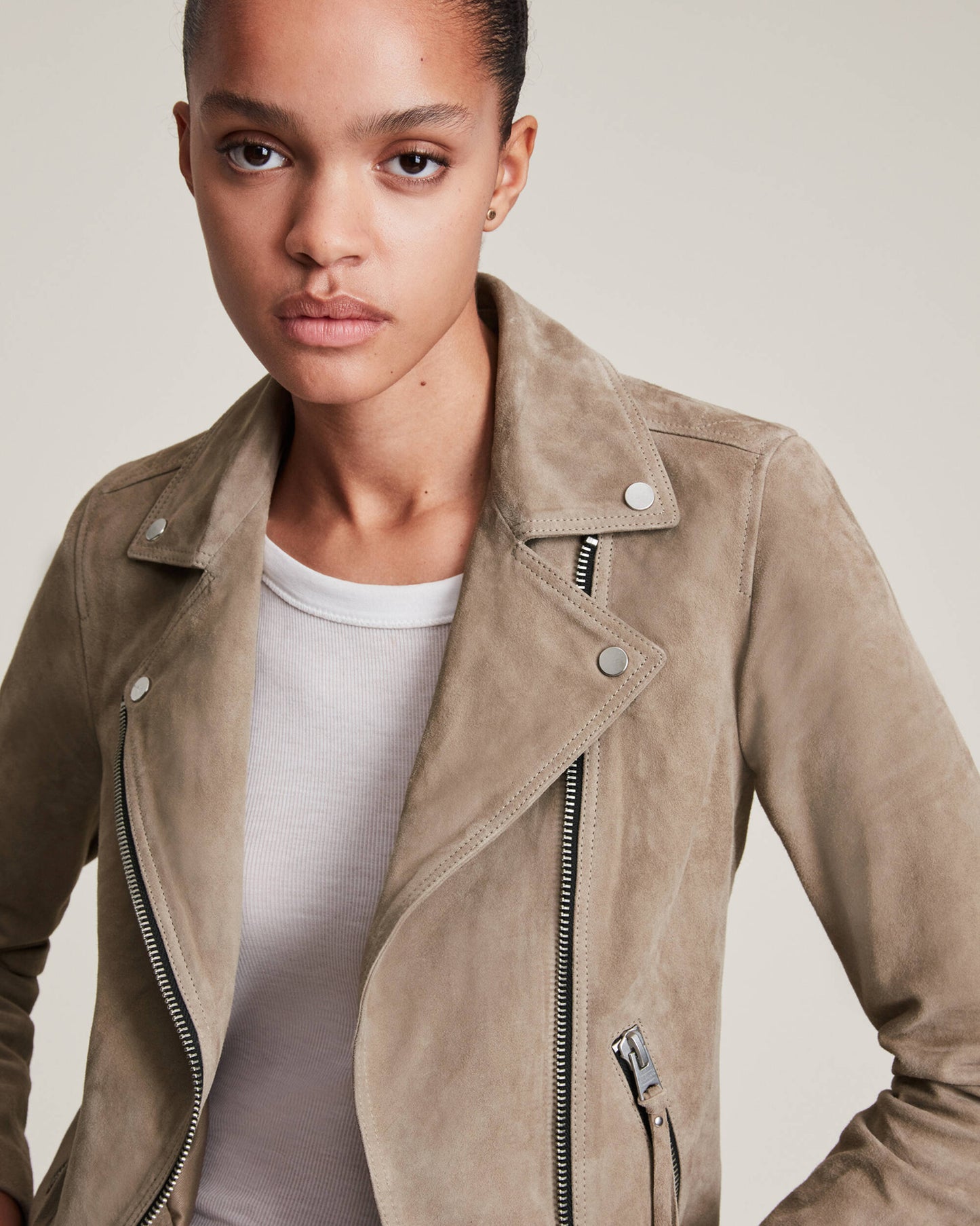 Women's Tan Beige Suede Leather Biker Jacket – Classic & Elegant