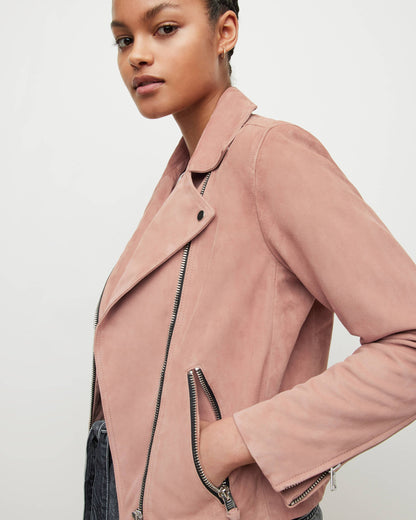 Women's Pink Suede Leather Biker Jacket – Playful & Chic