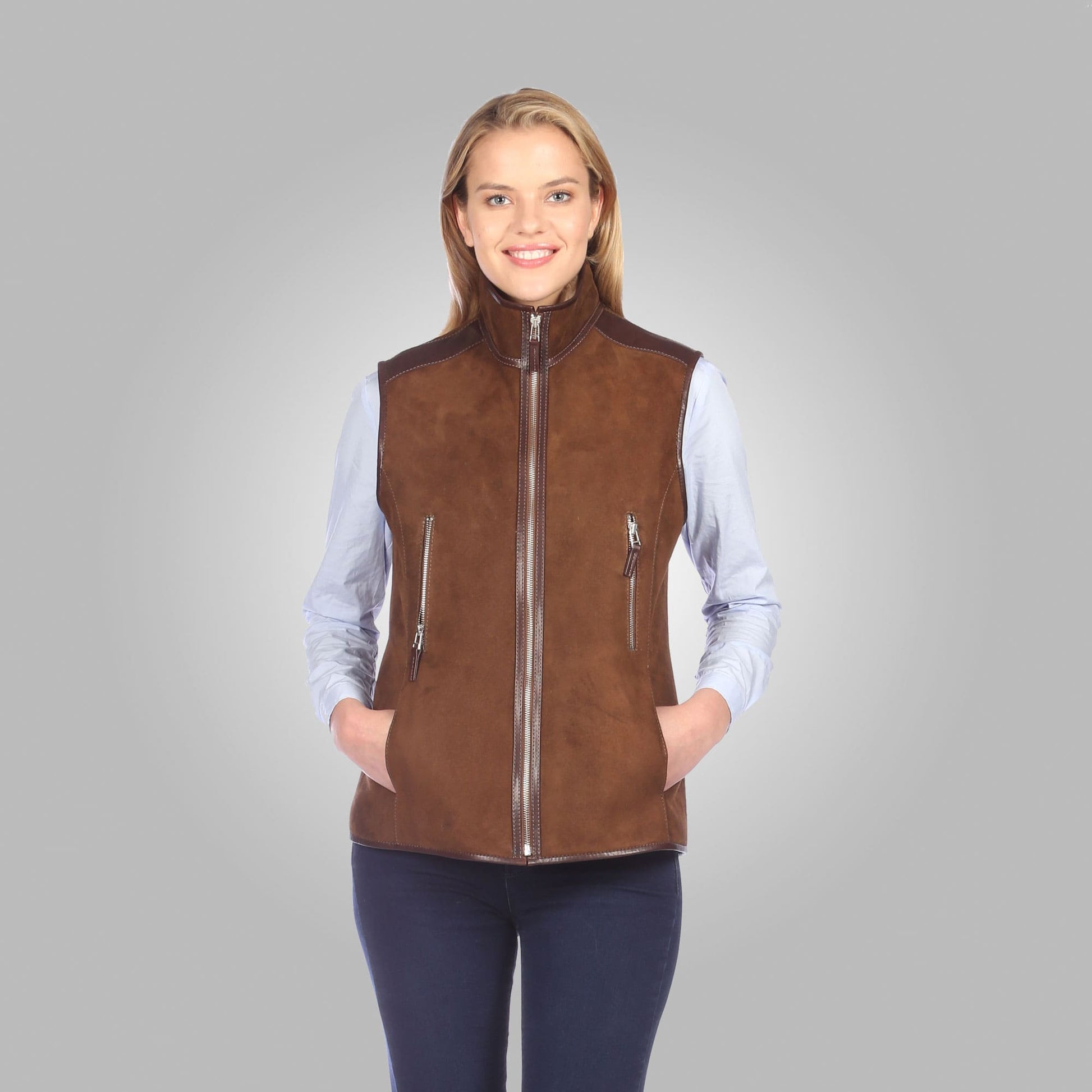 Women's Chocolate Brown Suede Leather Shearling Vest