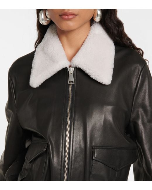 Women's Black Leather Jacket with White Shearling - Stylish and Warm