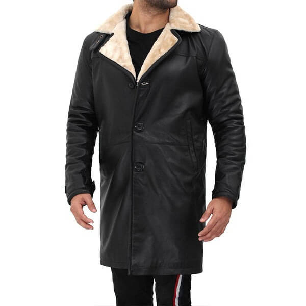 Biege Shearling Black Leather Coat Mens