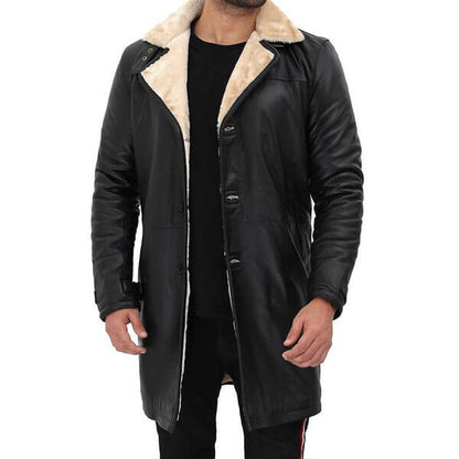 Biege Shearling Black Leather Coat Mens