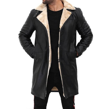 Biege Shearling Black Leather Coat Mens