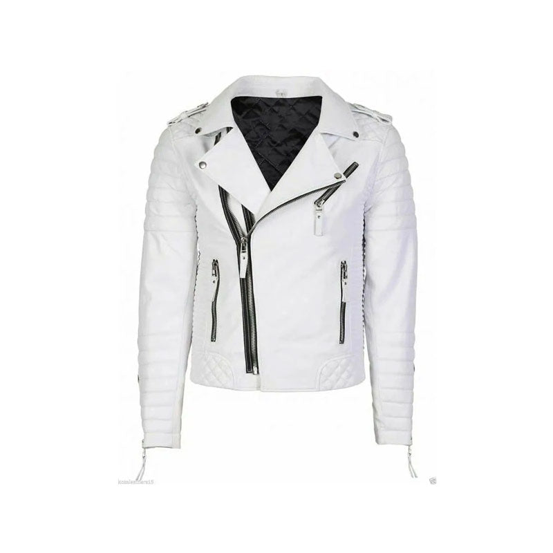 White Leather Biker Jacket Men’s Double Breasted Style