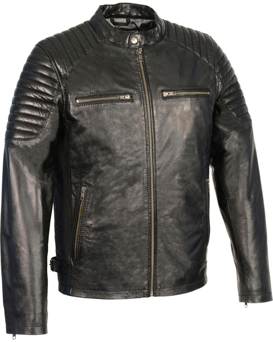 Men’s Quilted Shoulders Snap Collar Leather Jacket