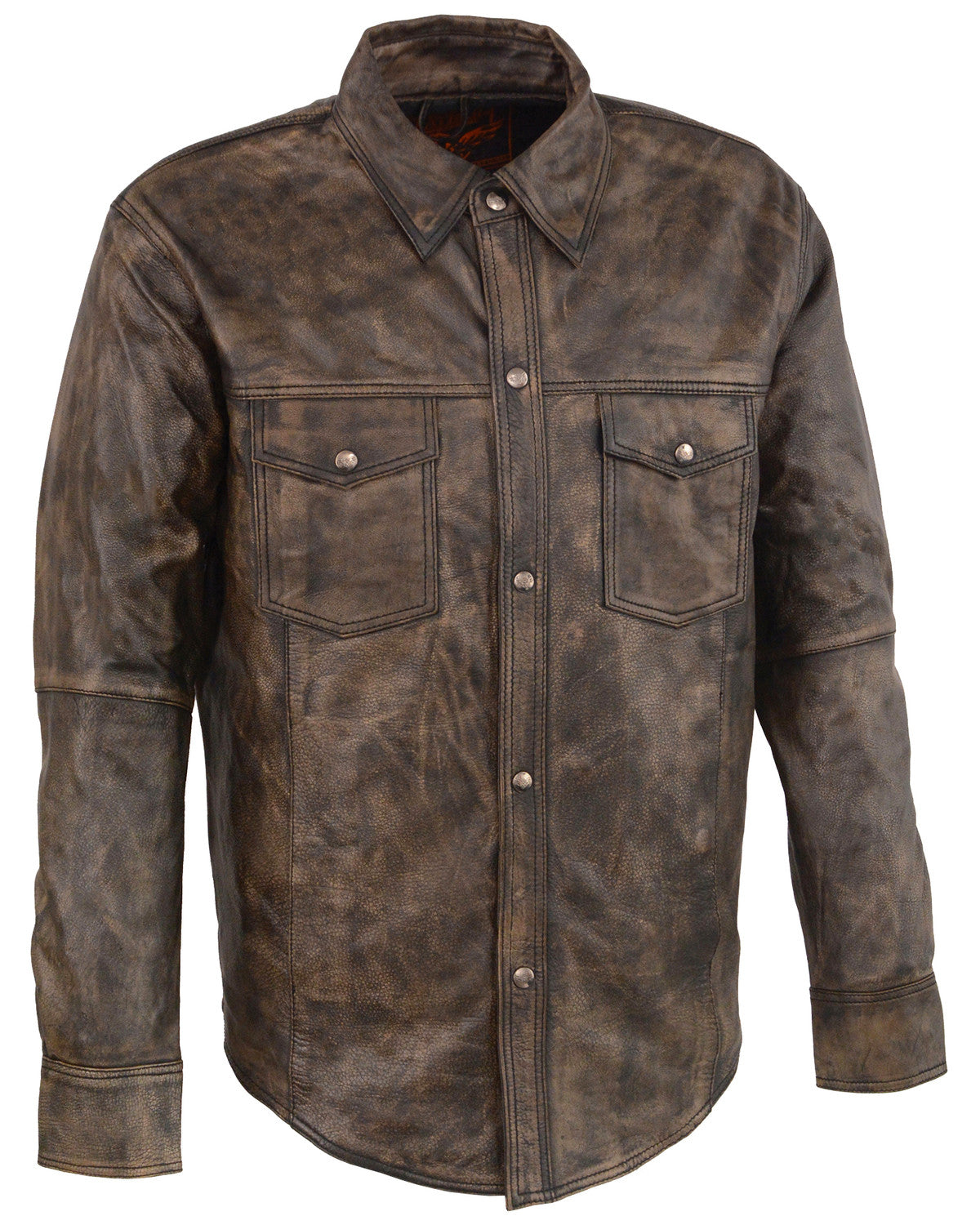 Men’s Distressed Brown Leather Snap Front Shirt