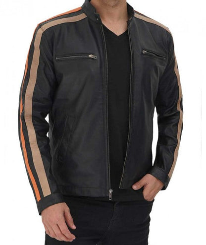 Harland Stripe Black Leather Cafe Racer Jacket for Men