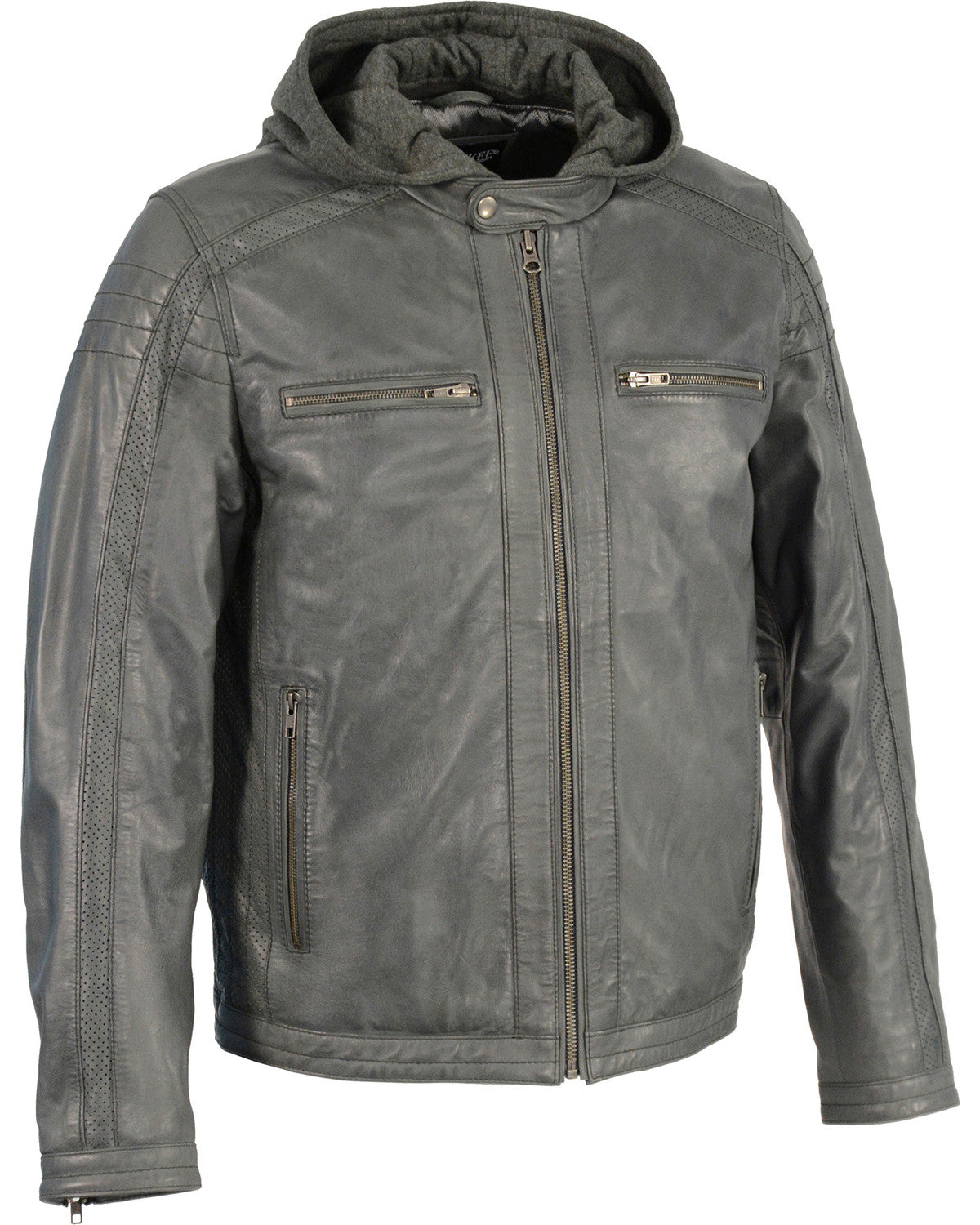 Men’s Zipper Front Leather Jacket with Removable Hood