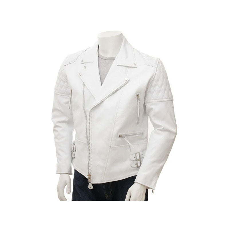 Men's White Leather Biker Jacket