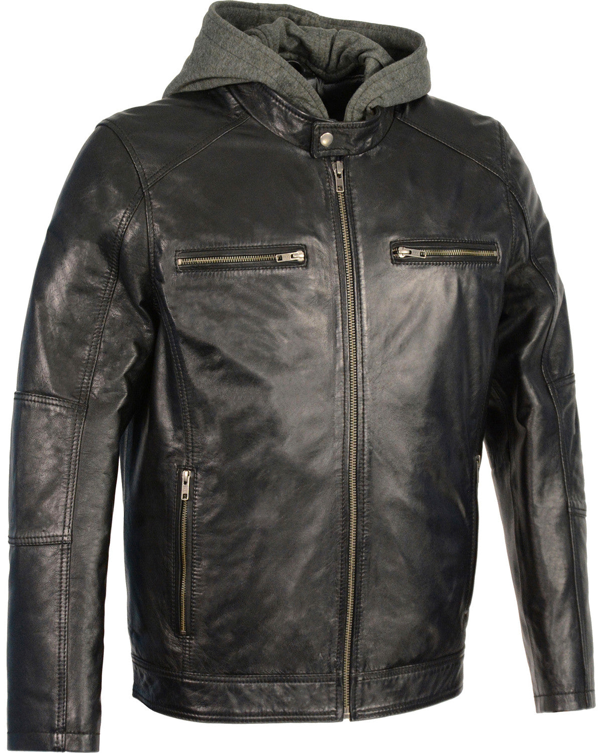 Men’s Snap Collar Leather Moto Jacket with Removable Hood