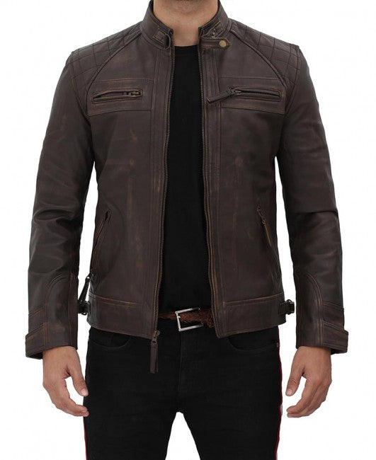 Claude Quilted Distressed Brown Leather Jacket