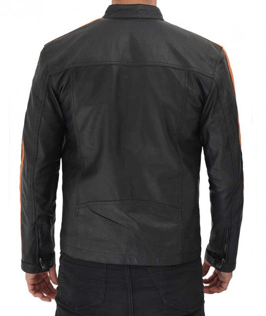 Harland Stripe Black Leather Cafe Racer Jacket for Men