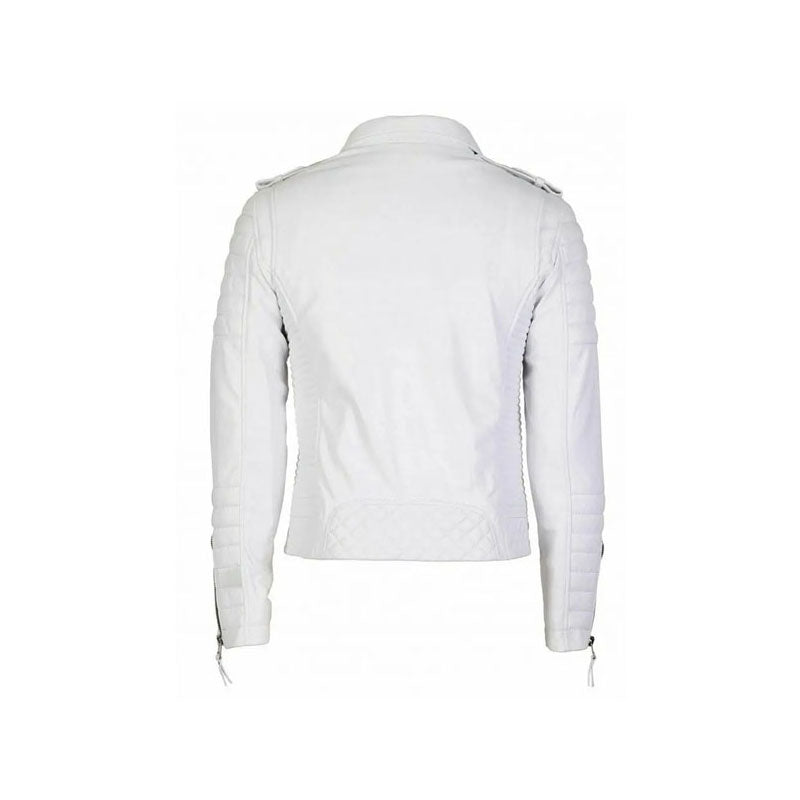 White Leather Biker Jacket Men’s Double Breasted Style