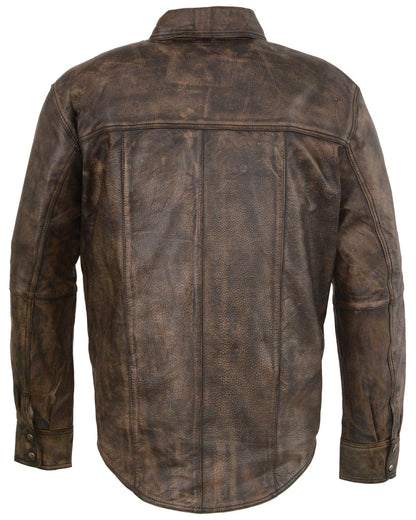 Men’s Distressed Brown Leather Snap Front Shirt