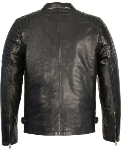 Men’s Quilted Shoulders Snap Collar Leather Jacket