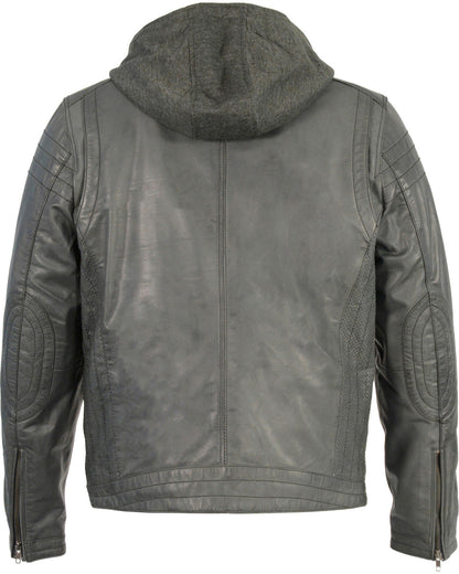 Men’s Zipper Front Leather Jacket with Removable Hood