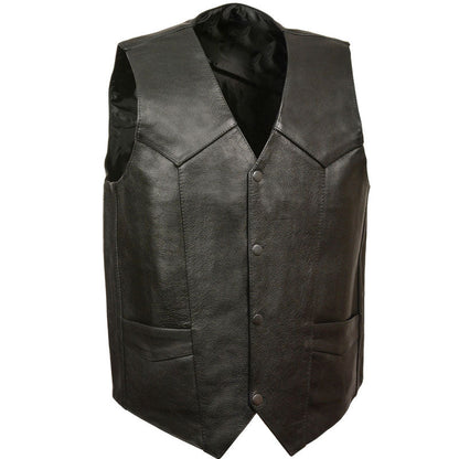 Men's Black Classic Snap Gun Pockets Leather Vest