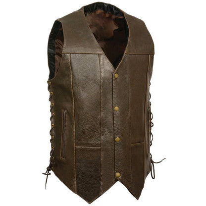 Retro Brown 10 Pocket Side Lace Leather Vest