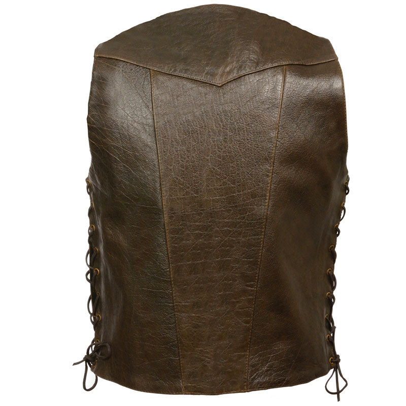 Retro Brown 10 Pocket Side Lace Leather Vest